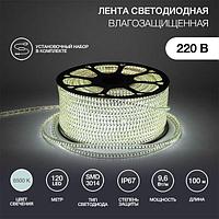 Лента светодиодная 220В, SMD3014, 9,6Вт/м, 120 LED/м, 6500K, 6х10,6мм, 100м, с кабелем питания, IP67