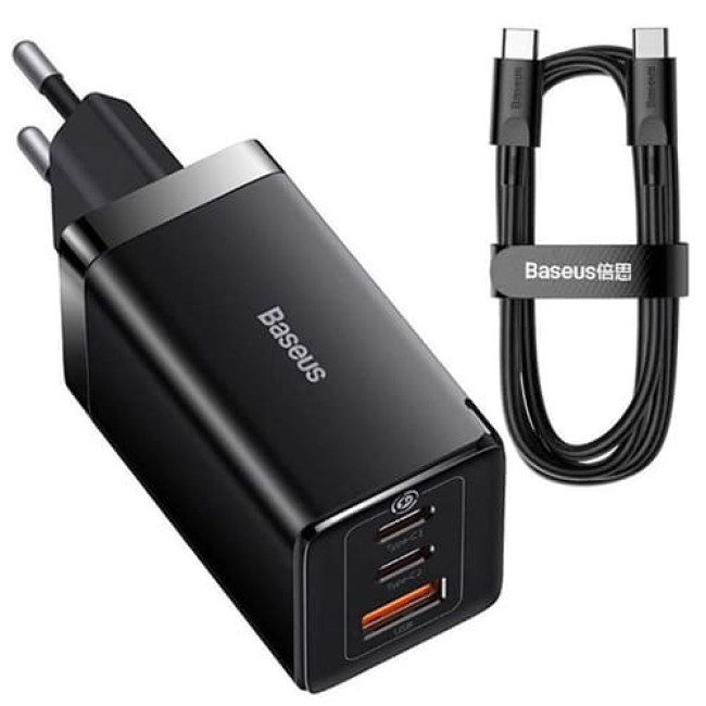 Сетевое зарядное устройство Baseus GaN5 Pro USB + 2 Type-C QC+PD65W + кабель Type-C to Type-C Черное - фото 1 - id-p222231999