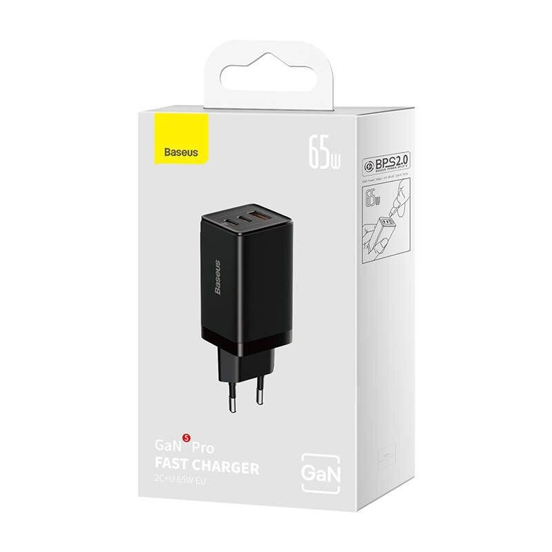 Сетевое зарядное устройство Baseus GaN5 Pro USB + 2 Type-C QC+PD65W + кабель Type-C to Type-C Черное - фото 6 - id-p222231999