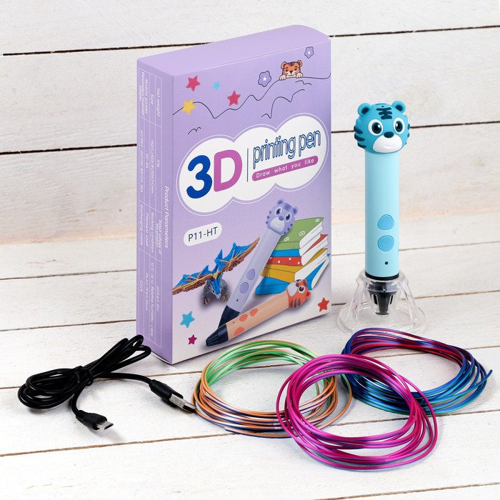 3D ручка Тигрёнок, работа с пластиком PLA, USB кабель питания, голубая - фото 1 - id-p222333745