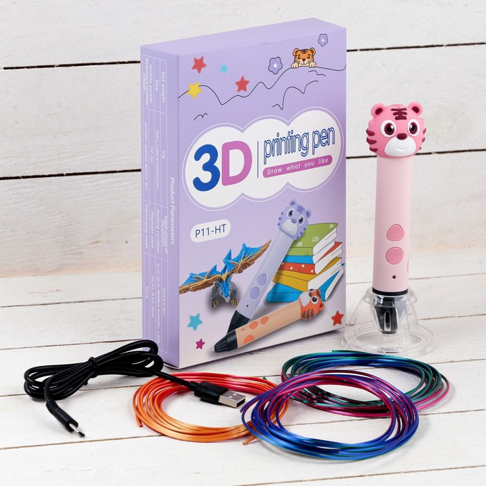 3D ручка Тигрёнок, работа с пластиком PLA, USB кабель питания, розовая - фото 1 - id-p222333747