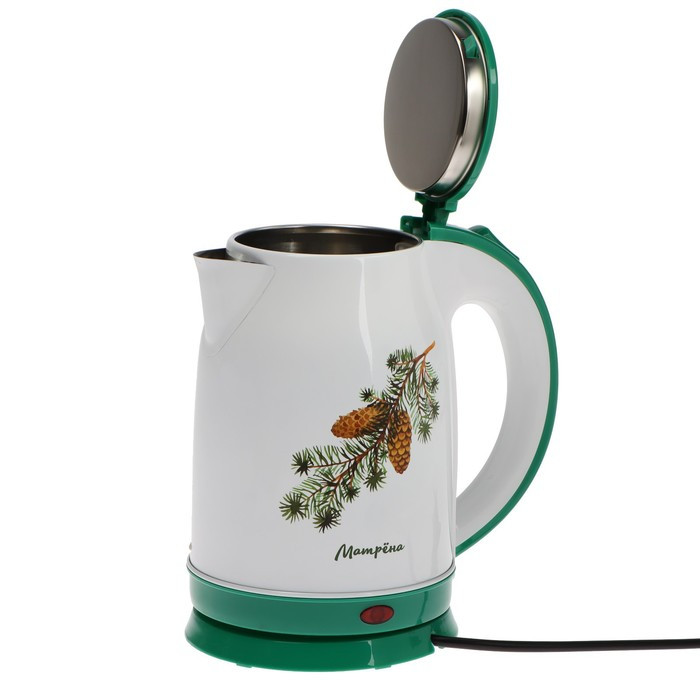 Чайник электрический МАТРЁНА MA-120, металл, 1.8 л, 1500 Вт, бело-зелёный с рисунком "Шишки" - фото 6 - id-p222335391
