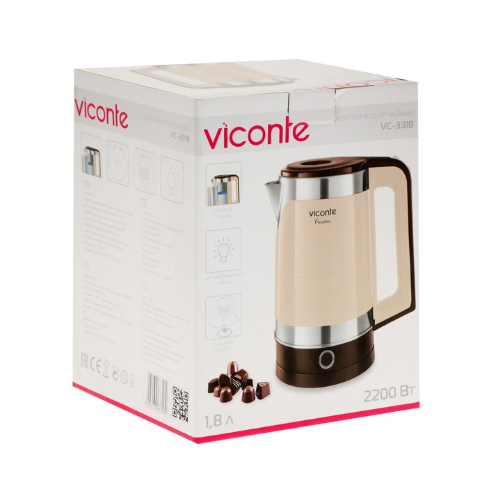 Чайник электрический Viconte VC-3318, пластик, колба металл, 1.8 л, 2200 Вт, бежевый - фото 8 - id-p222335424