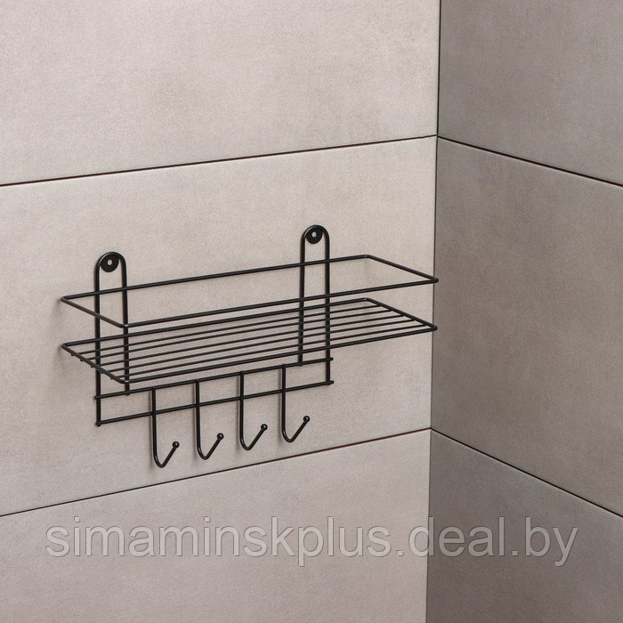 Полка для ванной прямая, 4 крючка, 33×12,5×21см, цвет чёрный - фото 3 - id-p222389086