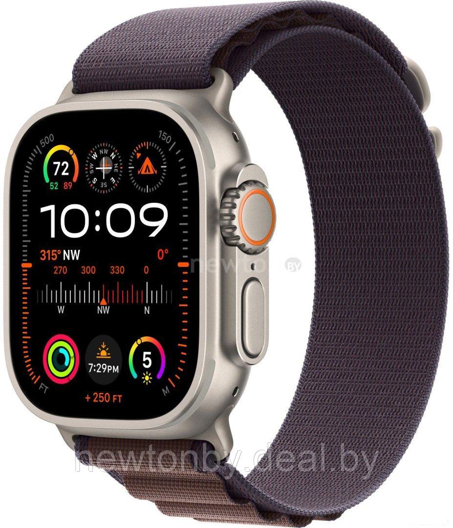 Умные часы Apple Watch Ultra 2 LTE 49 мм (титановый корпус, титановый/индиго, текстильный ремешок размера S) - фото 1 - id-p222396750