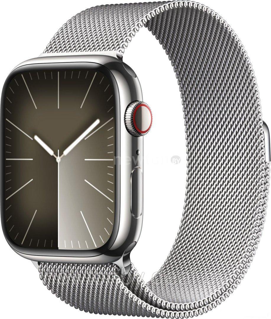 Умные часы Apple Watch Series 9 LTE 45 мм (корпус из нержавеющей стали, серебристый/миланский серебристый) - фото 1 - id-p222427678