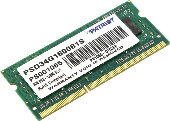 Модуль памяти Patriot PSD34G160081S DDR3 SODIMM 4Gb PC3-12800 CL11 (for NoteBook) - фото 1 - id-p222447976