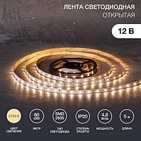 Лента светодиодная 12В, SMD2835, 4,8Вт/м, 60 LED/м, 2700К, 8мм, 5м, для БП с клеммами, IP20 LAMPER