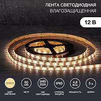 Лента светодиодная 12В, SMD2835, 4,8Вт/м, 60 LED/м, 2700К, 8мм, 5м, для БП с клеммами, IP65 LAMPER