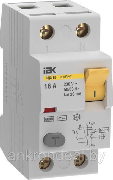 Выключатель дифференциальный (УЗО) KARAT ВД3-63 2P 16А 30мА 6кА тип AC IEK