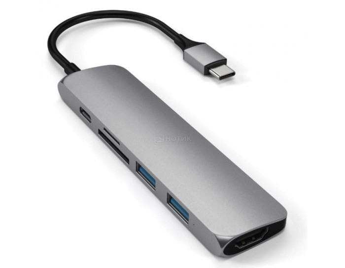 Док-станция Satechi Aluminum Type-C Slim Multi-Port Adapter V2 (2xUSB 3.0, USB Type-C, HDMI, SD, micro-SD), - фото 1 - id-p215798602