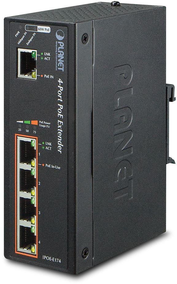 IPOE-E174 индустриальный PoE экстендер PLANET IP30 Industrial 1-Port 60W Ultra POE to 4-Port 802.3af/at - фото 1 - id-p212708183