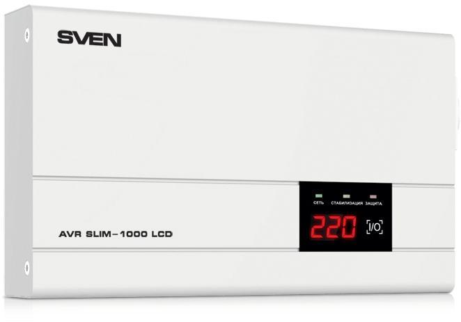 Стабилизатор SVEN AVR SLIM-1000 LCD, релейный, 800вт, 1000Ва, 140-260в, функция «пауза», 1 евророзетка, 2.9 кг - фото 1 - id-p203909627