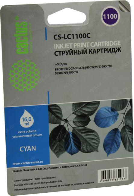 Картридж струйный Cactus CS-LC1100C голубой (16мл) для Brother DCP-385c/6690cw/MFC-990/5890/5895/6490