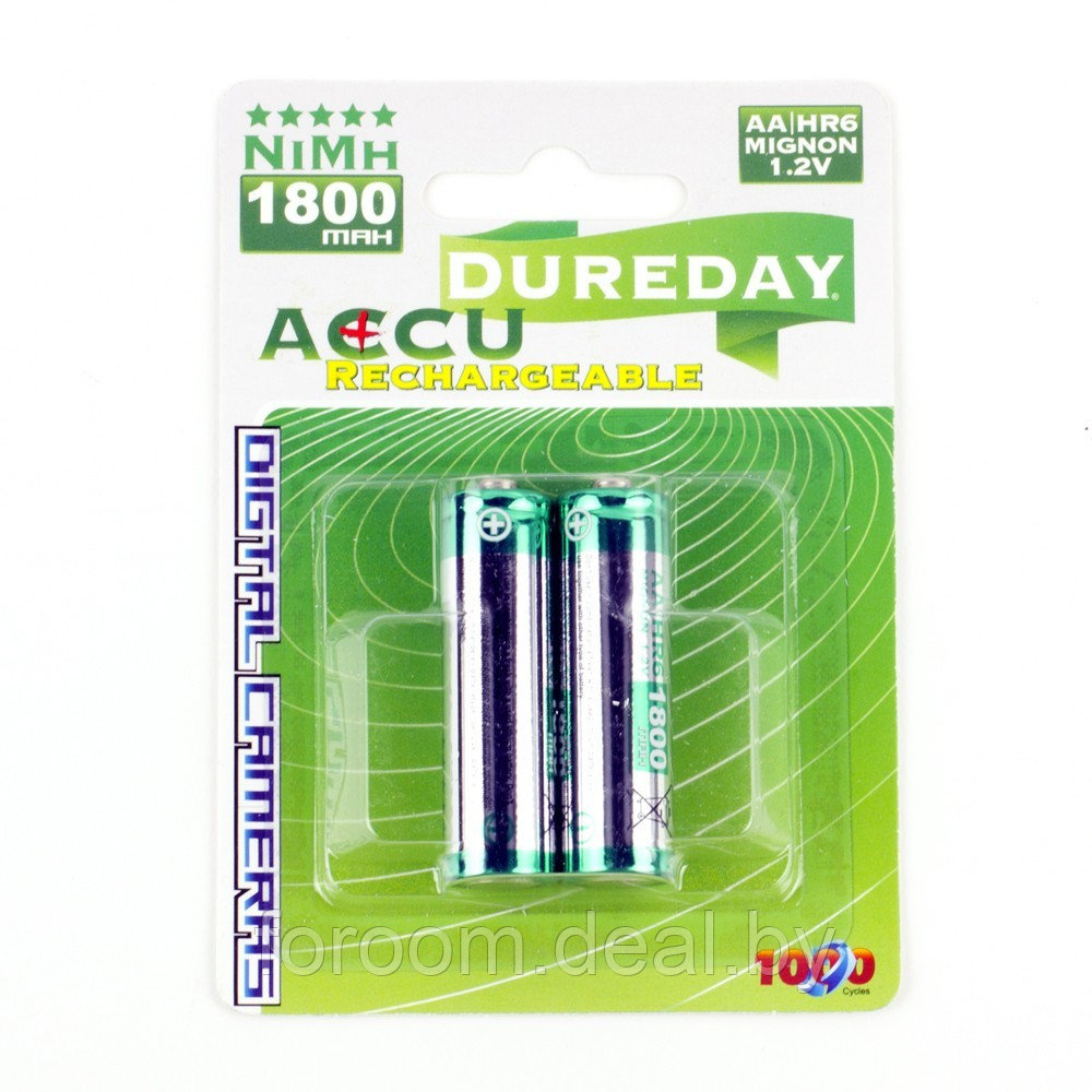 Комплект аккумуляторов HR6 AA 1800 мА-ч (2 шт.) DUREDAY Accu Rechargeable HR6-2B-1800 - фото 1 - id-p222563011