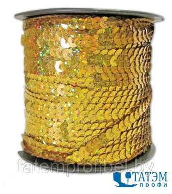 Тесьма с пайетками диам. 6 мм, В 16 золото, уп. 100 ярд