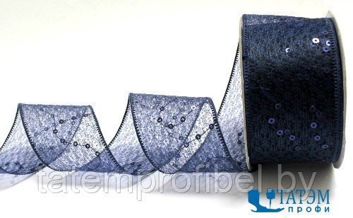 Лента декоративная "кружево с пайетками" арт. 160, 43 мм, темно-синий, уп. 10 ярд - фото 1 - id-p222570254