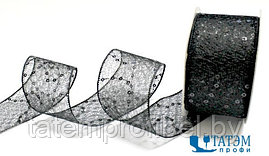 Лента декоративная "кружево с пайетками" арт. 160, 43 мм черный, уп. 10 ярд