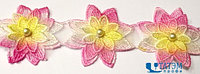 Лента декор. гипюр "цветок объемный" 75 мм, розово-желтый, уп. 5 ярд