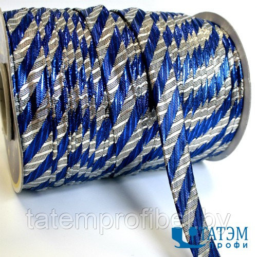 Бейка декоративная люрекс 15 мм "косая полоса" серебро/синий, уп. 100 ярд