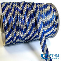 Бейка декоративная люрекс 15 мм "косая полоса" серебро/синий, уп. 100 ярд