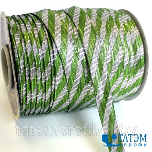 Бейка декоративная люрекс 15 мм "косая полоса" серебро/зеленый, уп. 100 ярд