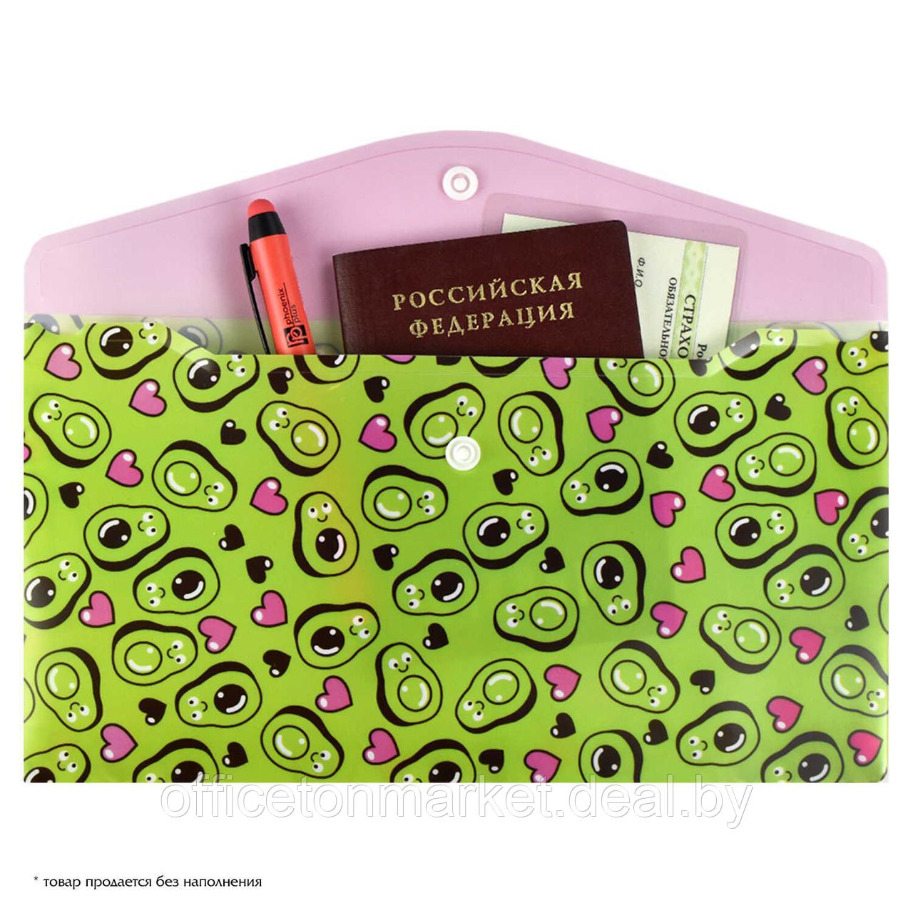 Папка-конверт на кнопке "Авокадо паттерн", А5, зеленый, розовый - фото 3 - id-p222226864