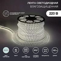 Лента светодиодная 220В, SMD5050, 14,4Вт/м, 60 LED/м, 6500K, 13х8мм, 100м, с кабелем питания, IP67 N