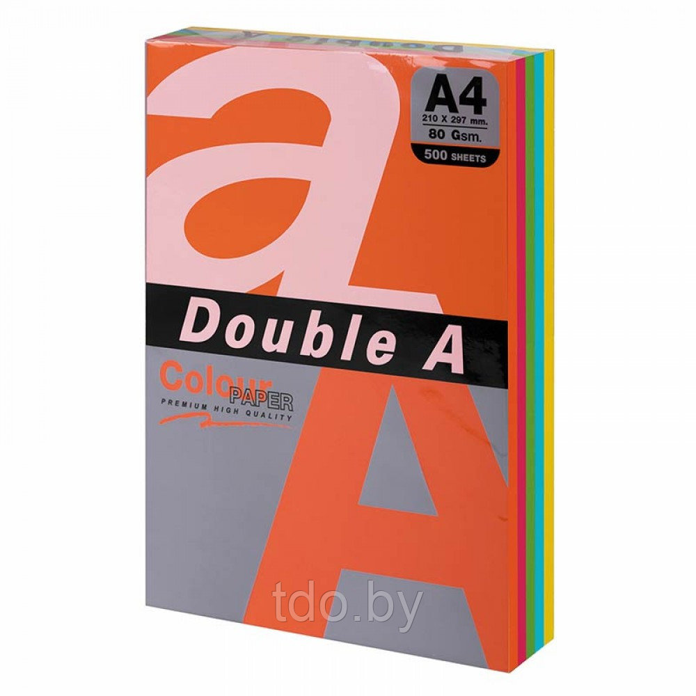 Бумага цветная DOUBLE A, А4, 80г/м2, 500л, интенсив, ассорти (100л х 5цв)