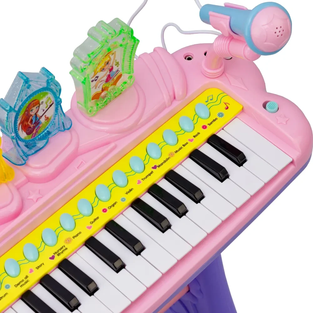 Детский синтезатор пианино караоке со стулом, микрофоном от сети 37 клавиш с mp3 розовый 207 - фото 7 - id-p167512331