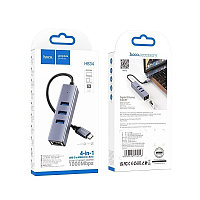 Адаптер HB34 Type-C-Xaб на USB 3.0*3 + RJ45 металлик Hoco