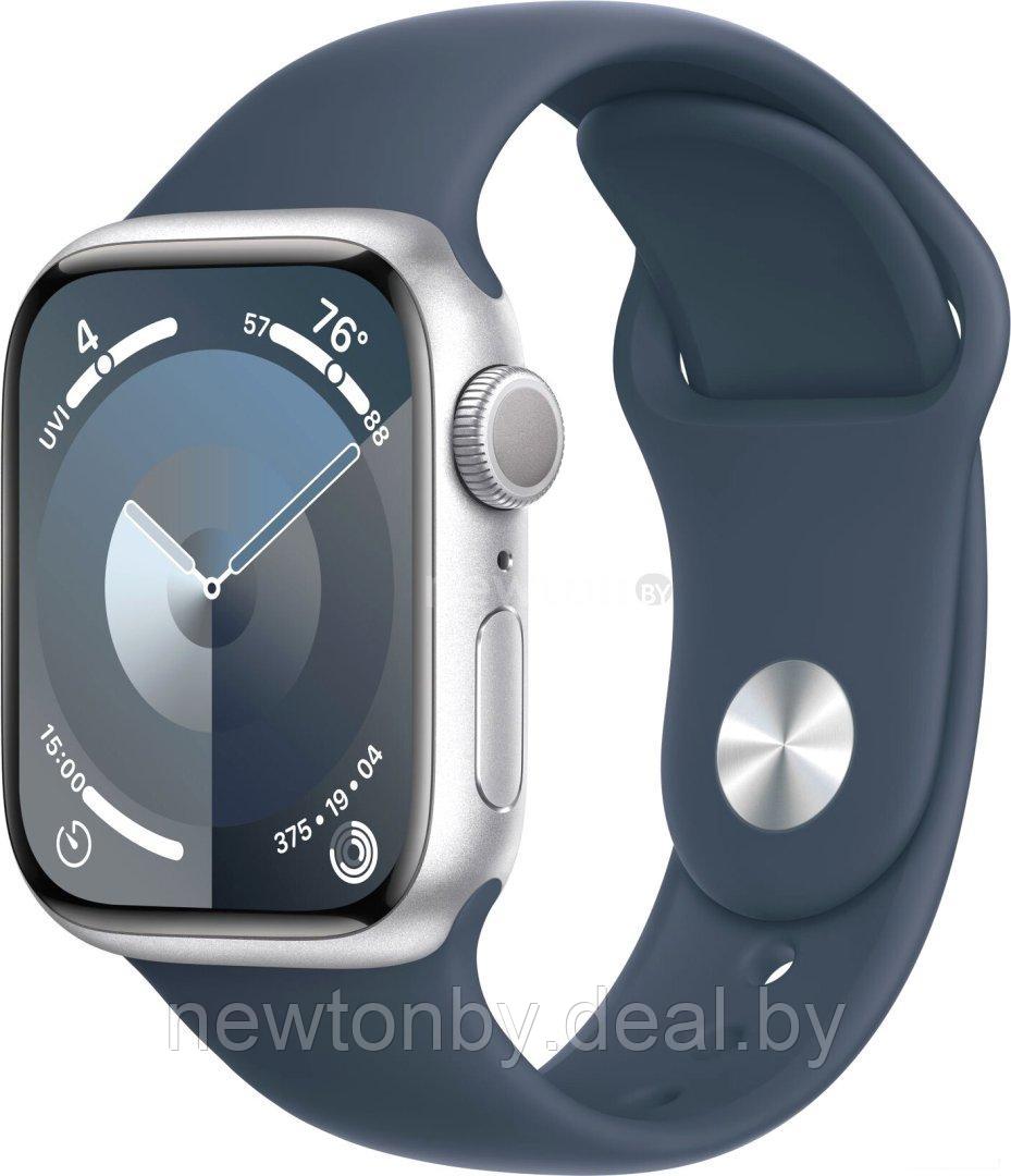 Умные часы Apple Watch Series 9 41 мм (алюминиевый корпус, серебристый/грозовой синий, спортивный силиконовый - фото 1 - id-p222700946