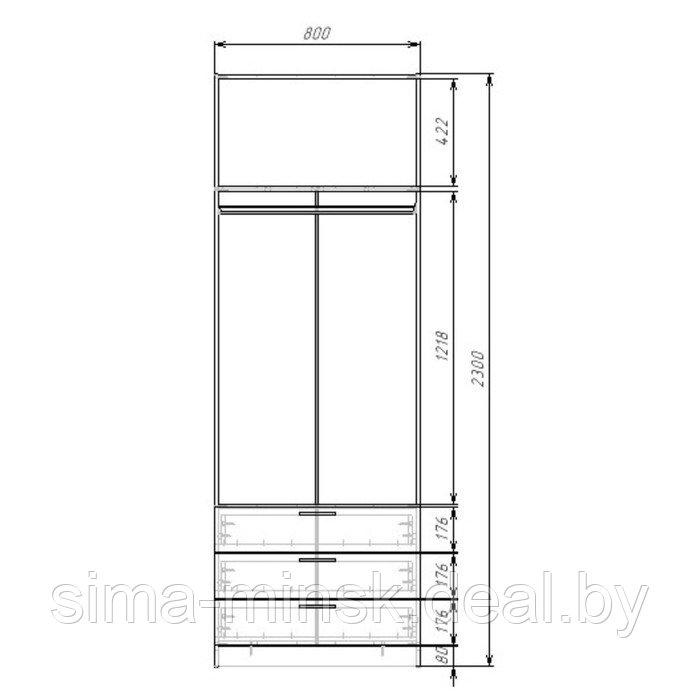 Шкаф 2-х дверный «Экон», 800×520×2300 мм, 3 ящика, штанга, цвет ясень анкор светлый - фото 3 - id-p222704369