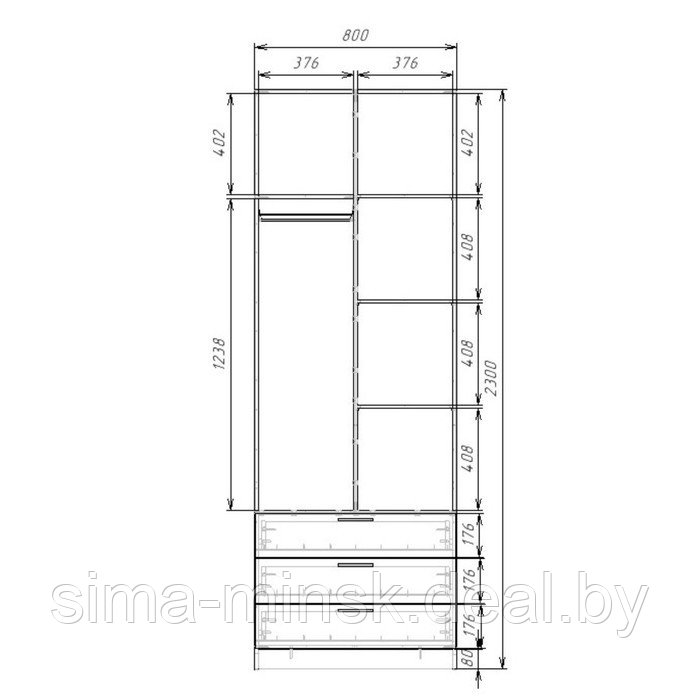Шкаф 2-х дверный «Экон», 800×520×2300 мм, 3 ящика, штанга и полки, цвет белый - фото 3 - id-p222704427