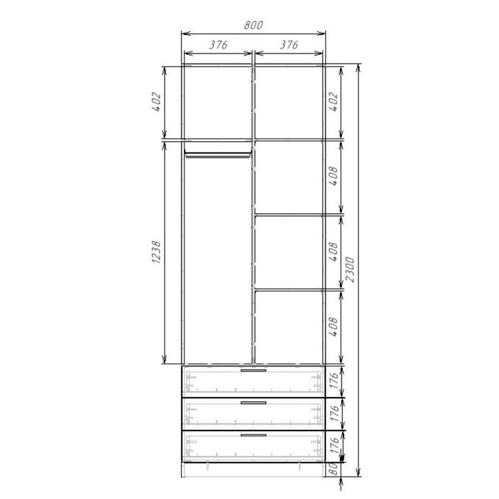 Шкаф 2-х дверный «Экон», 800×520×2300 мм, 3 ящика, штанга и полки, цвет венге - фото 3 - id-p222707077