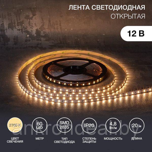 Лента светодиодная 12В, SMD2835, 4,8Вт/м, 60 LED/м, 2700К, 8мм, 20м, для БП с клеммами, IP20 LAMPER