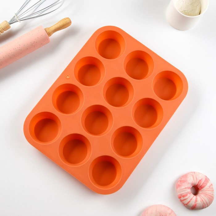 Форма силиконовая для выпечки Доляна «Круги», 12 ячеек, 33×25×2,6 см, d=7 см, цвет оранжевый - фото 3 - id-p222718068