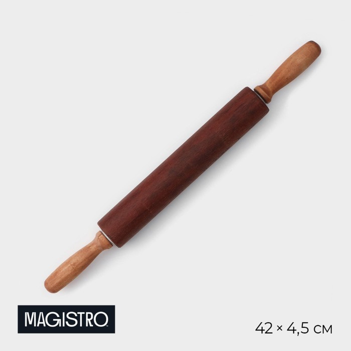 Скалка деревянная Magistro, 43×4 см, вращающаяся, с фигурными ручками, акация - фото 1 - id-p222718448