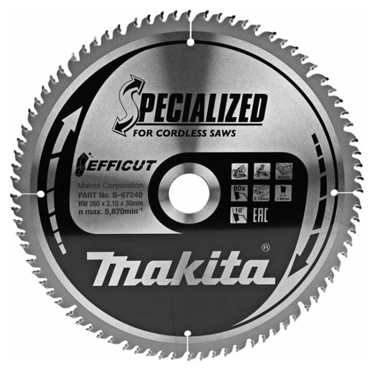 Пильный диск для дерева EFFICUT, 260x30x1,65x80T (для аккум. инструмента), MAKITA Makita - фото 1 - id-p222752155