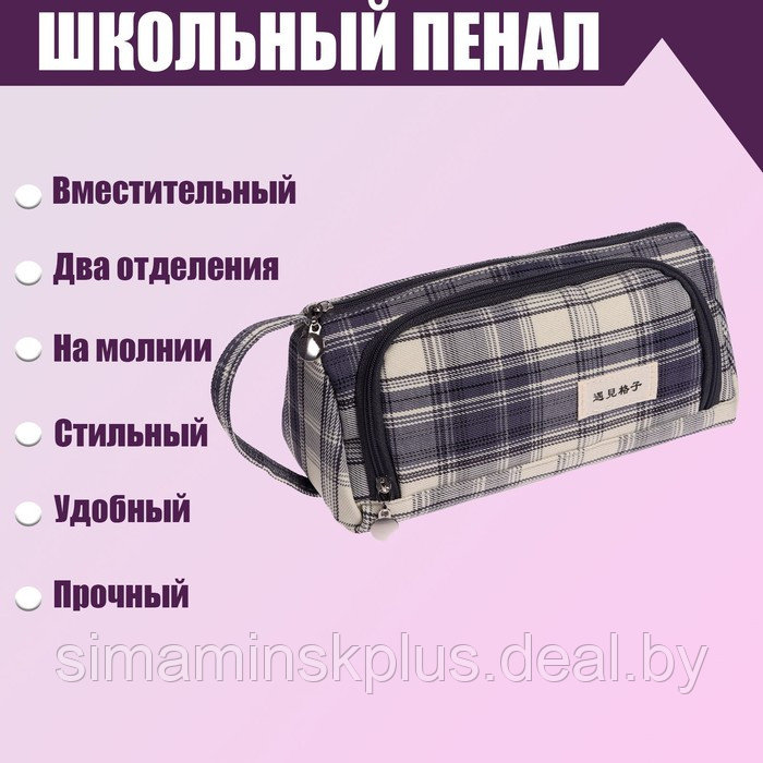 Пенал школьный "Шотландка" на молнии 2 отделения, серо-синий - фото 1 - id-p222770608