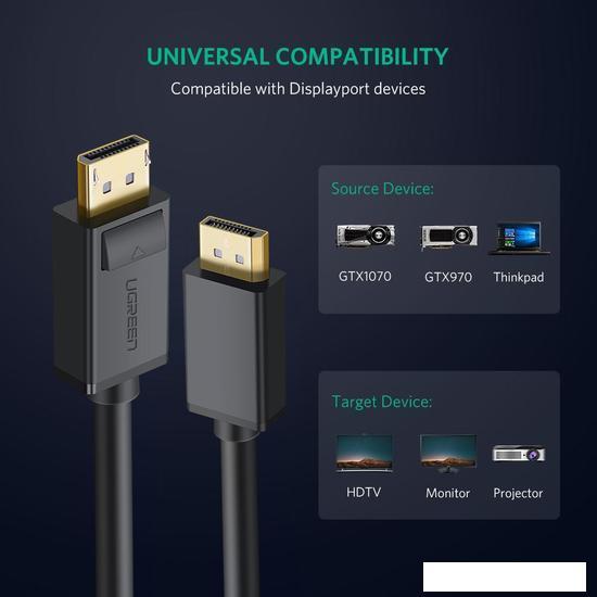 Кабель Ugreen DP102 10244 DisplayPort 1.2 - DisplayPort 1.2 (1 м, черный) - фото 2 - id-p222055647