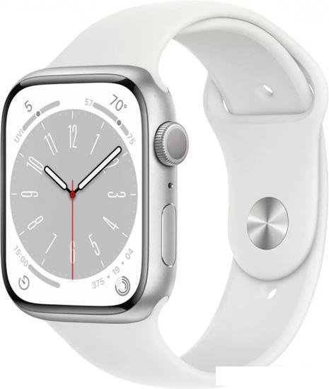 Умные часы Apple Watch Series 8 45 мм (алюминиевый корпус, серебристый/белый, спортивный силиконовый ремешок - фото 1 - id-p222675790
