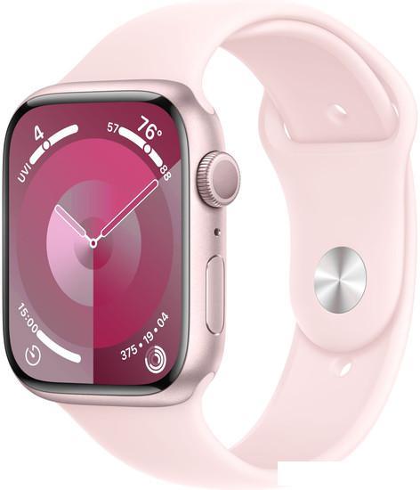 Умные часы Apple Watch Series 9 45 мм (алюминиевый корпус, розовый/розовый, спортивный силиконовый ремешок - фото 1 - id-p222167600