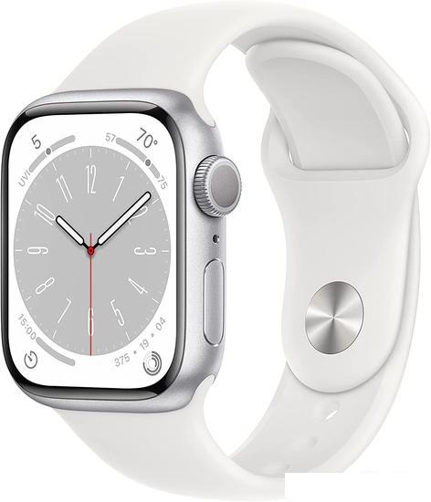 Умные часы Apple Watch Series 8 41 мм (алюминиевый корпус, серебристый/белый, спортивный силиконовый ремешок) - фото 1 - id-p222675900
