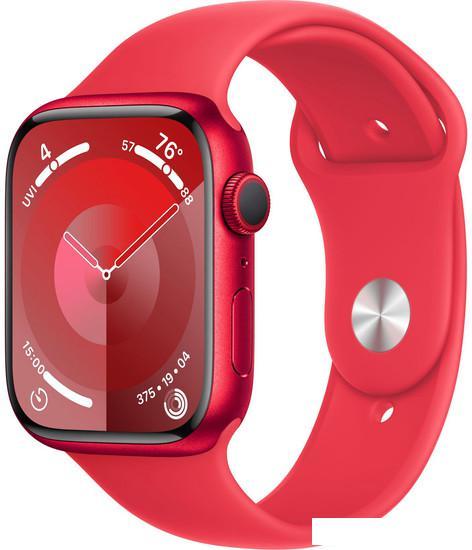Умные часы Apple Watch Series 9 45 мм (алюминиевый корпус, красный/красный, спортивный силиконовый р - фото 1 - id-p222143095