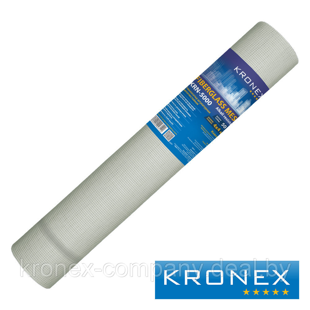 Стеклосетка штукатурная "KRONEX" 4х4мм, разрыв 2000, белая, класс А, рулон 1х50м - фото 1 - id-p80330294