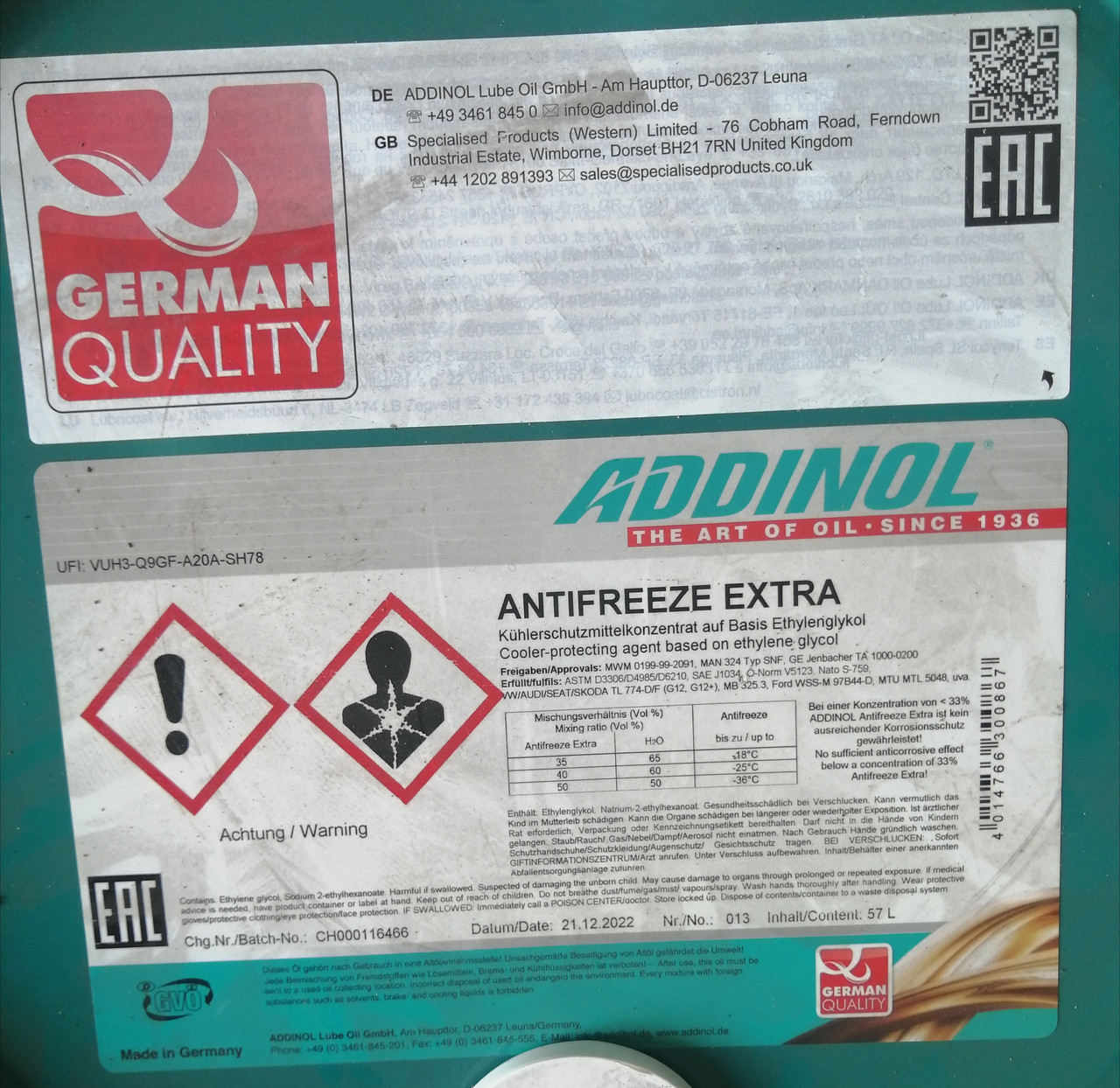 Антифриз ADDINOL ANTIFREEZE EXTRA (G12, G12+) 20л (концентрат) - фото 2 - id-p63895357