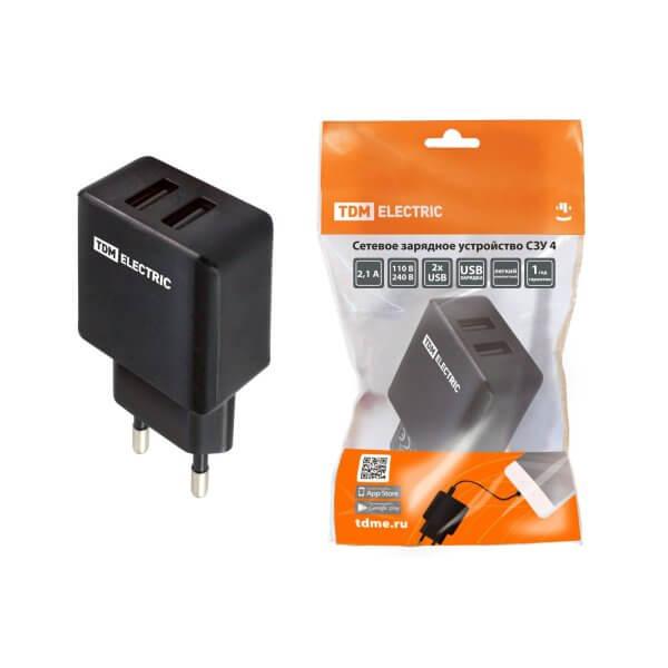Сетевое зарядное устройство, СЗУ 4, 2,1 А, 2 USB, черный, TDM//Китай/