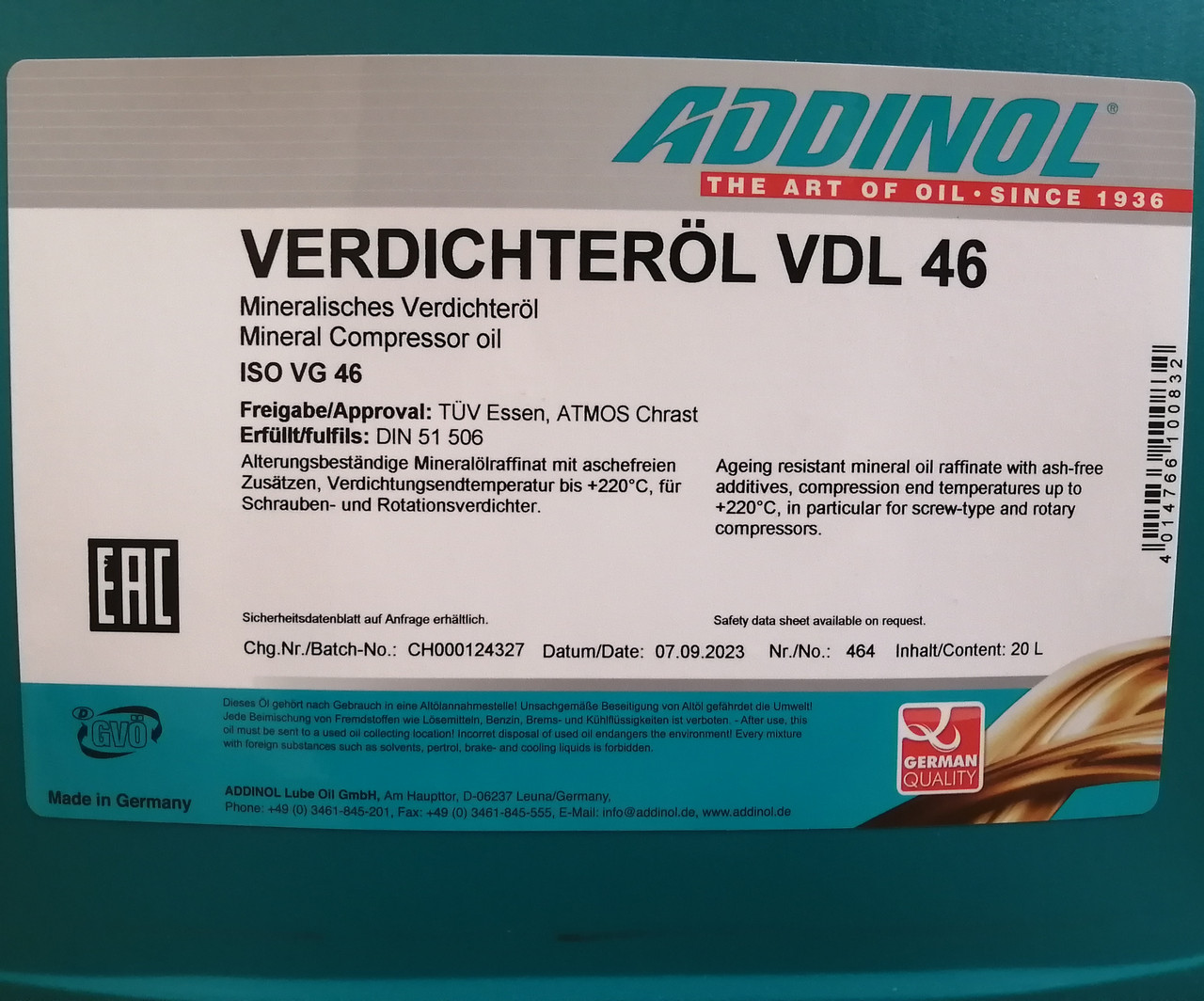 VDL 46 Масло компрессорное ADDINOL VERDICHTEROL, 20л - фото 2 - id-p196929588