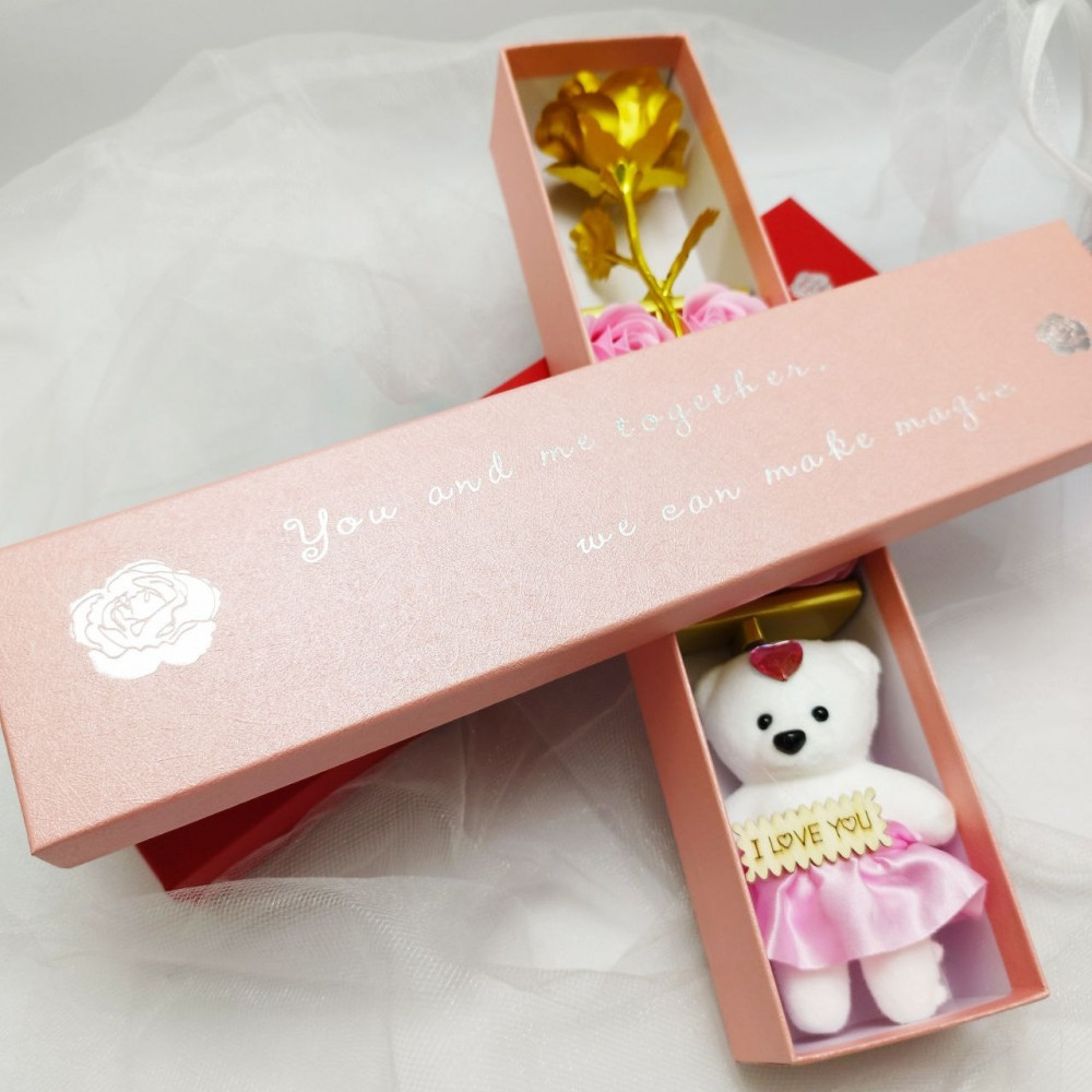Подарочный набор из Мишки, мыльных роз и фольгированной розы / Подарок 8в1 в коробке Розовый - фото 2 - id-p222818712